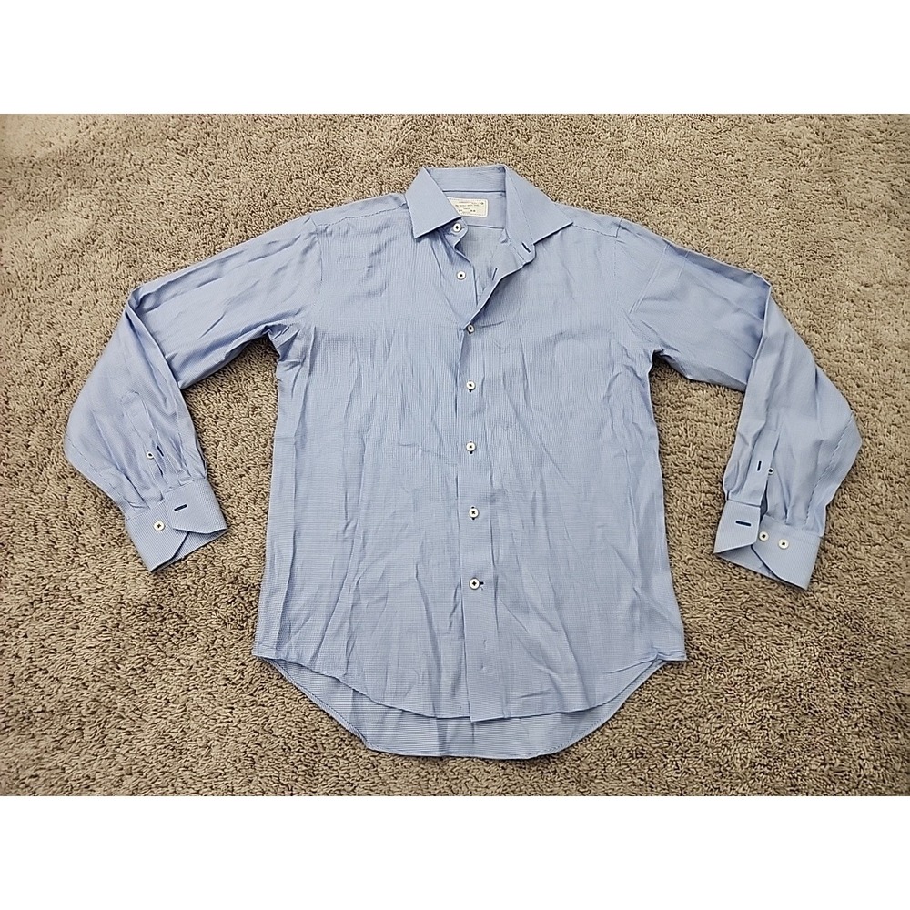 Lorenzo Uomo Dress Shirt Mens 15.5 34-35 Blue Micro Check Trim Fit Cotton